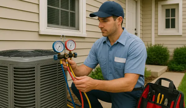 an hvac technician in uniform using the manifold gauge to test an ac unit from Dallas Air Conditioning in Dallas, TX - ac install near me