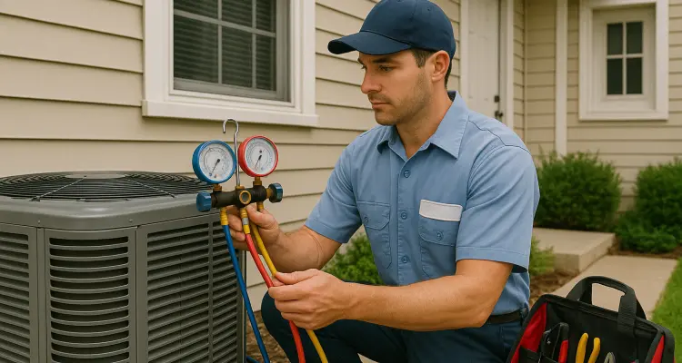 an hvac technician in uniform using the manifold gauge to test an ac unit from Dallas Air Conditioning in Dallas, TX - ac install near me