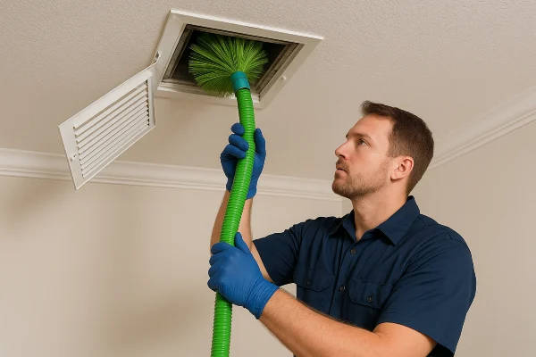 an hvac technician cleaning the ducts with a machine from Dallas Air Conditioning in Dallas, TX - ac install near me