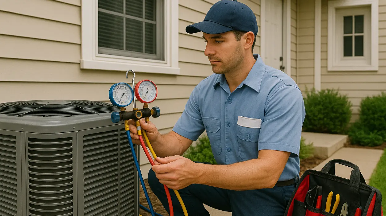an hvac technician in uniform using the manifold gauge to test an ac unit from Dallas Air Conditioning in Dallas, TX - A/C system maintenance