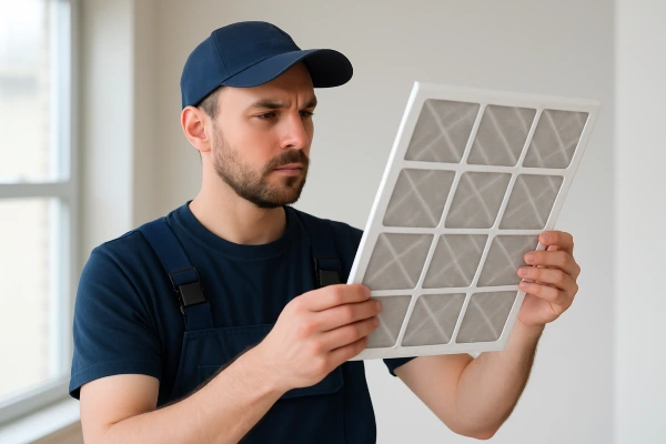 an hvac technician holding and checking an ac filter from Dallas Air Conditioning in Dallas, TX - A/C system maintenance an hvac technician holding and checking an ac filter from Dallas Air Conditioning in Dallas, TX - A/C system maintenance