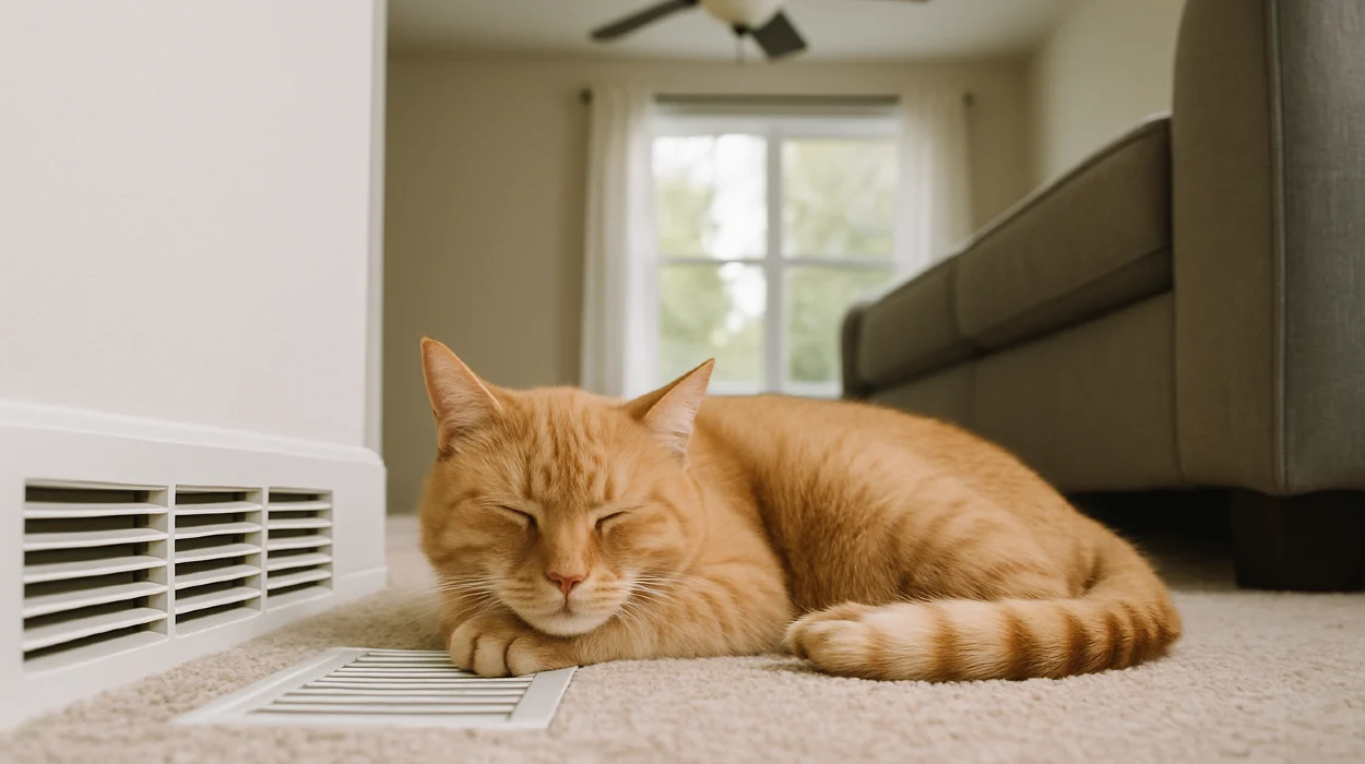 an orange cat laying on the carpet next to an AC vent from Dallas Air Conditioning in Dallas, TX - air conditioning contractors