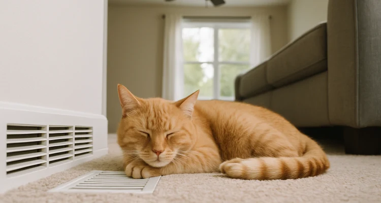 an orange cat laying on the carpet next to an AC vent from Dallas Air Conditioning in Dallas, TX - air conditioning contractors