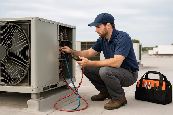 a male hvac technician on the roof checking an AC unit from Dallas Air Conditioning in Dallas, TX - air conditioning contractors a male hvac technician on the roof checking an AC unit from Dallas Air Conditioning in Dallas, TX - air conditioning contractors