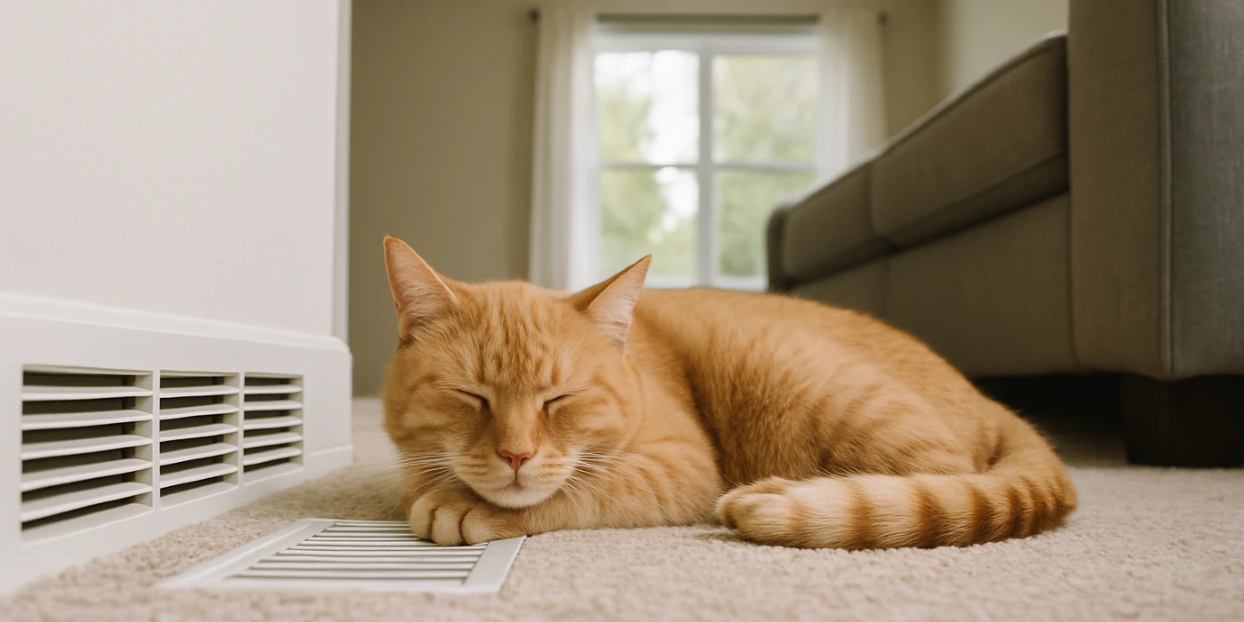 an orange cat laying on the carpet next to an AC vent from Dallas Air Conditioning in Arlington, TX - Arlington TX
