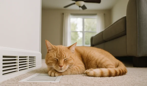 an orange cat laying on the carpet next to an AC vent from Dallas Air Conditioning in Arlington, TX - Arlington TX