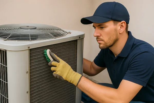 a male hvac technician cleaning the coils of an old AC unit from Dallas Air Conditioning in Dallas, TX - dallas ac installation a male hvac technician cleaning the coils of an old AC unit from Dallas Air Conditioning in Dallas, TX - dallas ac installation