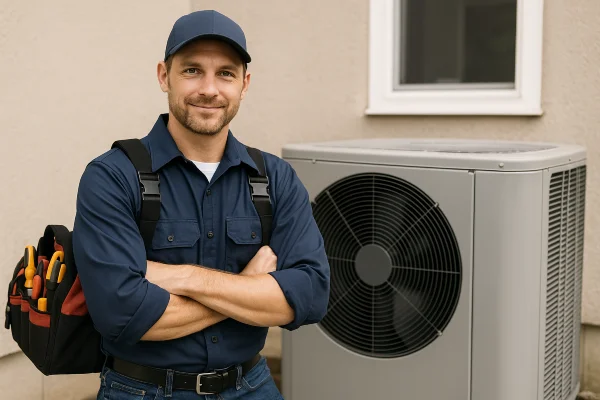 a male hvac technician with a tool bag smiling at the camera from Dallas Air Conditioning in Dallas, TX - dallas heating and air conditioning