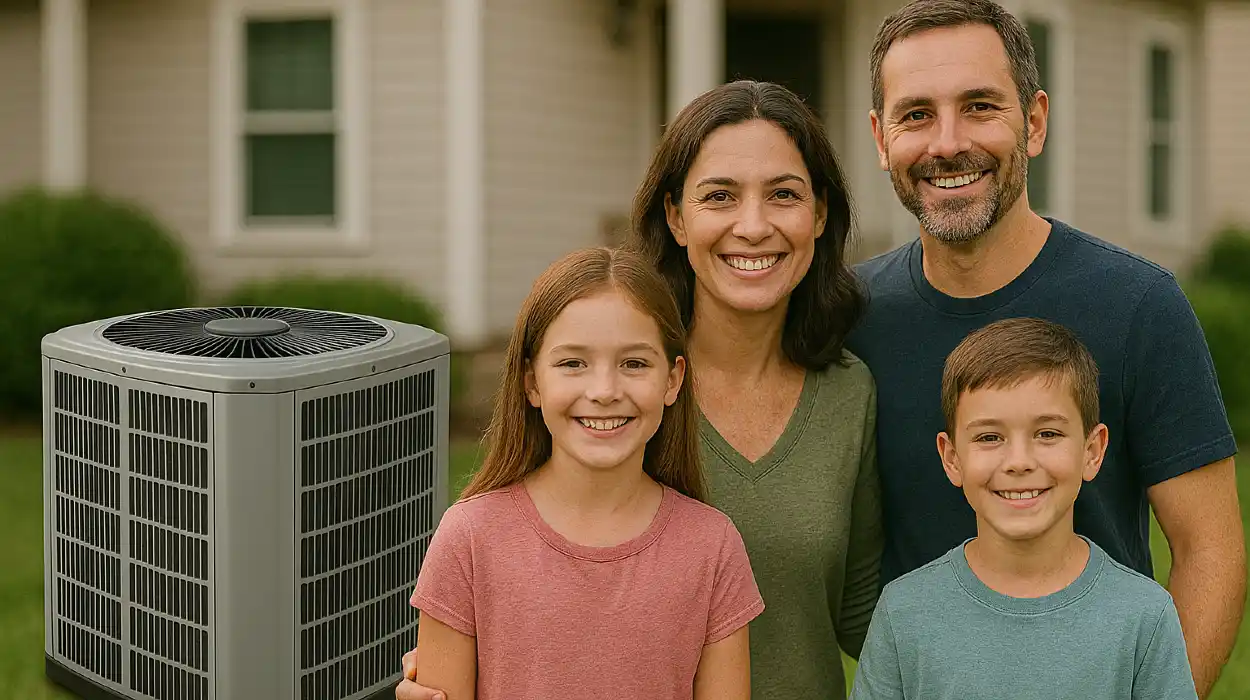 a family outside the house smiling at the camera with a new AC unit next to them from Dallas Air Conditioning in Denton, TX - Denton TX