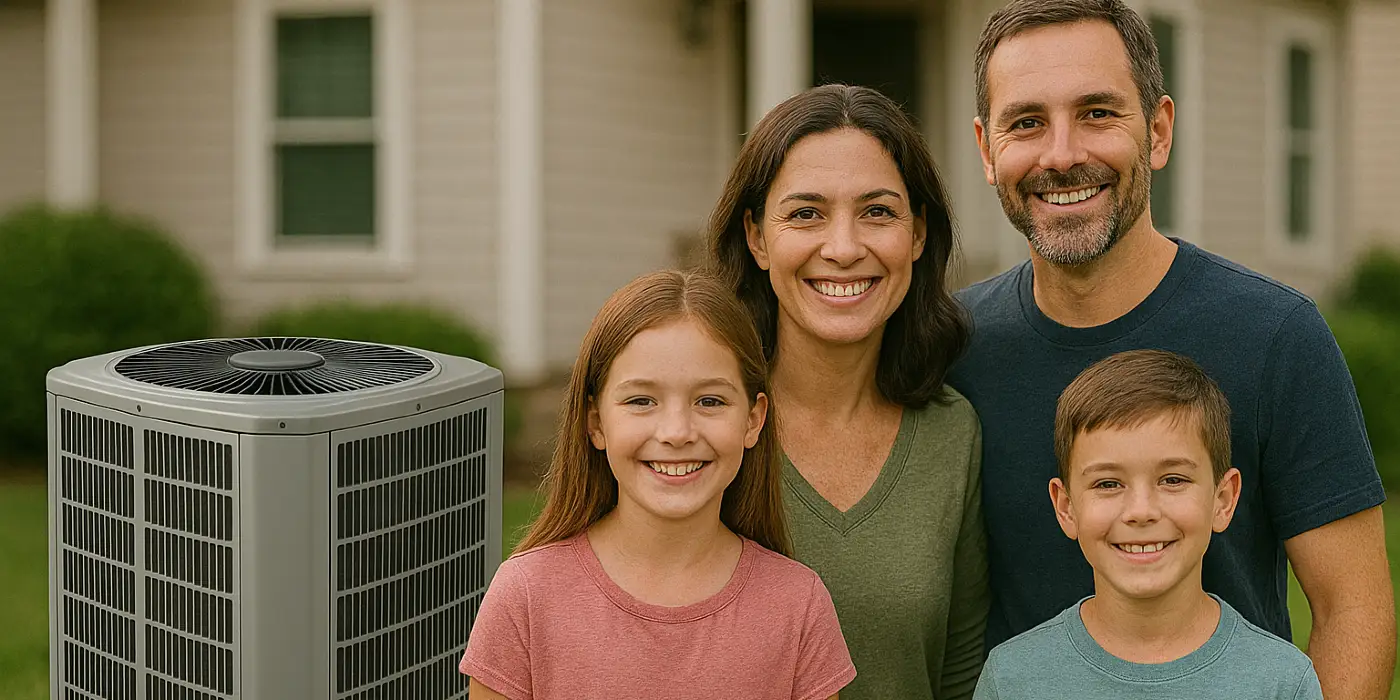 a family outside the house smiling at the camera with a new AC unit next to them from Dallas Air Conditioning in Denton, TX - Denton TX a family outside the house smiling at the camera with a new AC unit next to them from Dallas Air Conditioning in Denton, TX - Denton TX