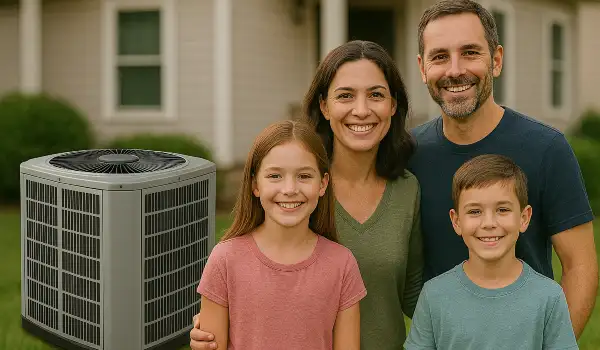 a family outside the house smiling at the camera with a new AC unit next to them from Dallas Air Conditioning in Denton, TX - Denton TX