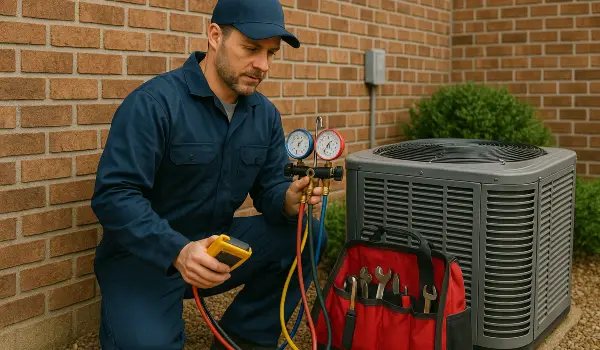 an hvac technician with his tools checking an outside ac unite from Dallas Air Conditioning in Dallas, TX - emergency air conditioner repair