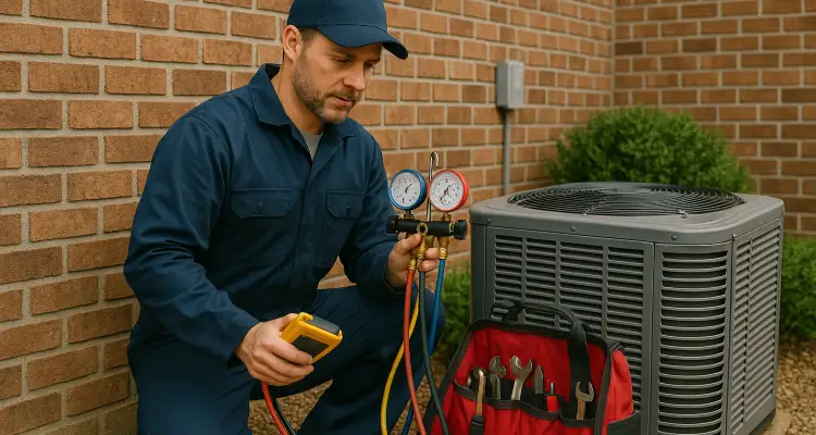 an hvac technician with his tools checking an outside ac unite from Dallas Air Conditioning in Dallas, TX - emergency air conditioner repair