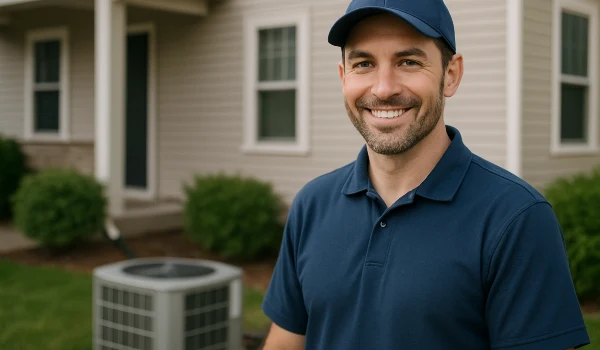 an hvac technician on the front porch smiling at the camera and an AC unit next to him from Dallas Air Conditioning in Fort Worth, TX - Fort Worth TX