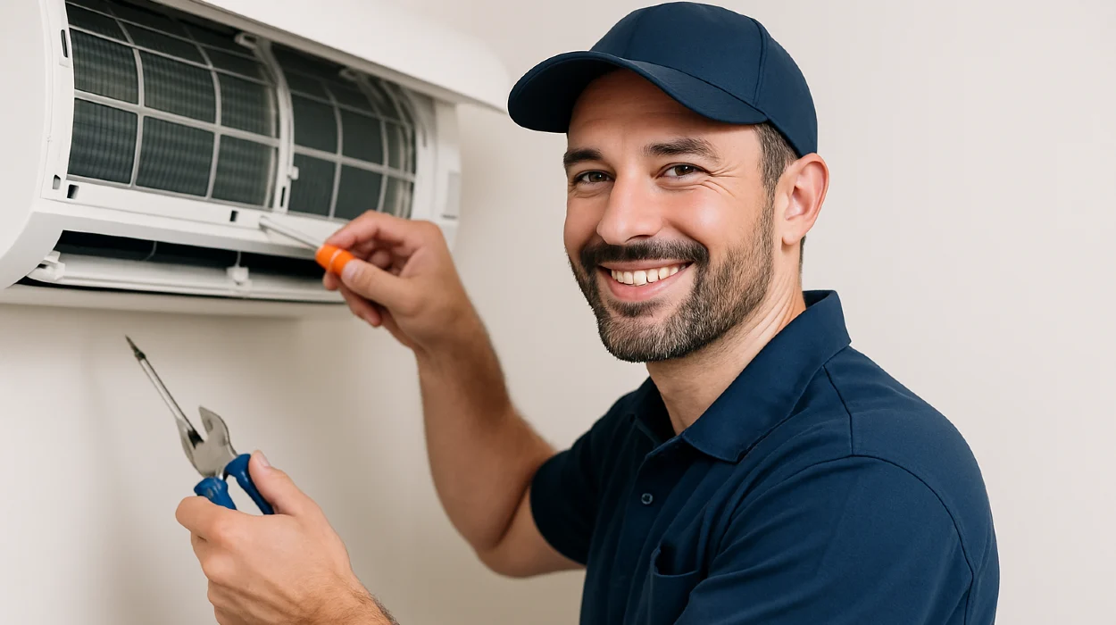 a male hvac techinican using a screwdriver to open a mini split unit and smiling at the camera from Dallas Air Conditioning in Frisco, TX - Frisco TX