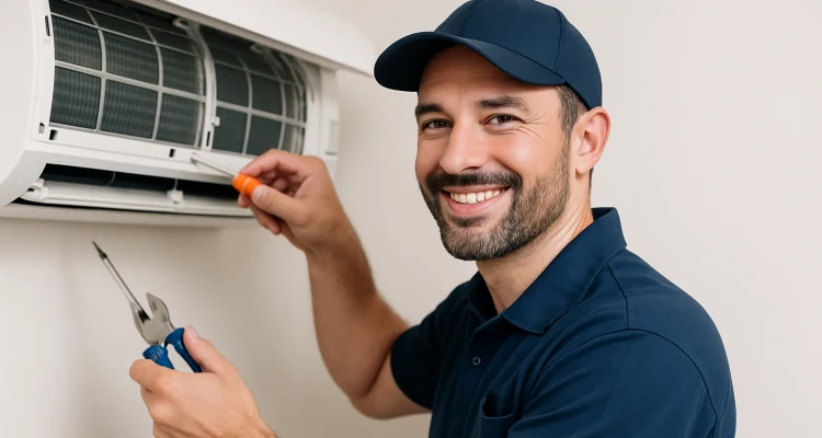 a male hvac techinican using a screwdriver to open a mini split unit and smiling at the camera from Dallas Air Conditioning in Frisco, TX - Frisco TX
