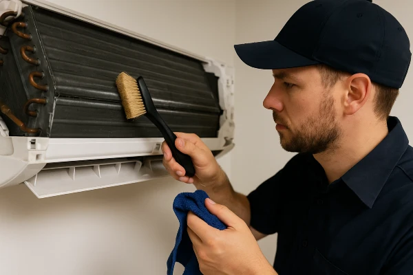 an hvac technician cleaning the coils of an AC unit from Dallas Air Conditioning in Frisco, TX - Frisco TX an hvac technician cleaning the coils of an AC unit from Dallas Air Conditioning in Frisco, TX - Frisco TX