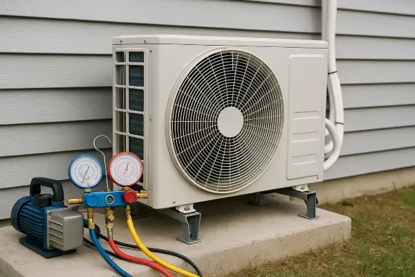 an ac unit outside with an ac manifold gauge next to it from Dallas Air Conditioning in Garland, TX - Garland TX