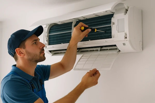 an hvac technician checking a mini split ac from Dallas Air Conditioning in Garland, TX - Garland TX