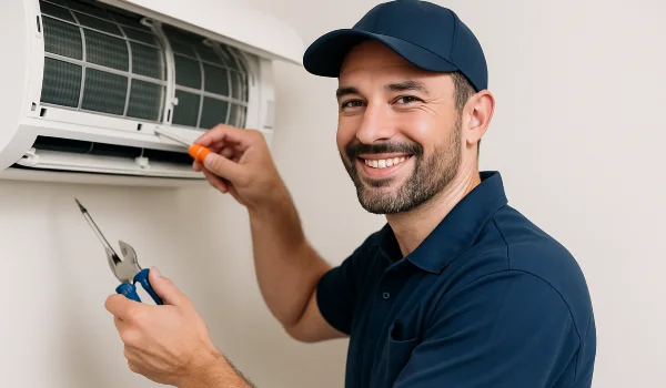 a male hvac techinican using a screwdriver to open a mini split unit and smiling at the camera from Dallas Air Conditioning in Dallas, TX - heating and cooling contractors near me