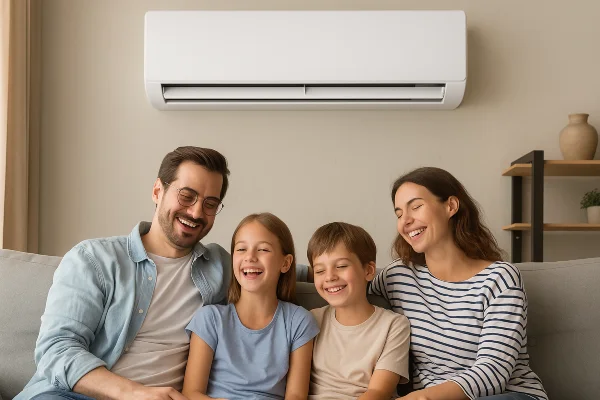 a family on a couch enjoying the cool air coming from a mini split AC unit from Dallas Air Conditioning in Dallas, TX - heating and cooling contractors near me a family on a couch enjoying the cool air coming from a mini split AC unit from Dallas Air Conditioning in Dallas, TX - heating and cooling contractors near me