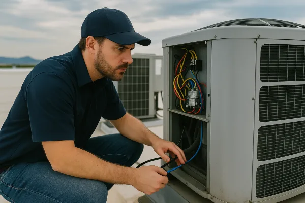 a male hvac technician checking a commercial ac unit on the roof of the building from Dallas Air Conditioning in Dallas, TX - Heating system installation a male hvac technician checking a commercial ac unit on the roof of the building from Dallas Air Conditioning in Dallas, TX - Heating system installation