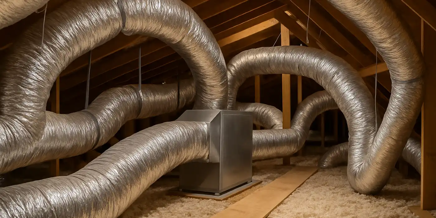 traditional AC ducts installed in the attic of a house from Dallas Air Conditioning in Dallas, TX - Heating system repair dallas