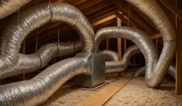 traditional AC ducts installed in the attic of a house from Dallas Air Conditioning in Dallas, TX - Heating system repair dallas