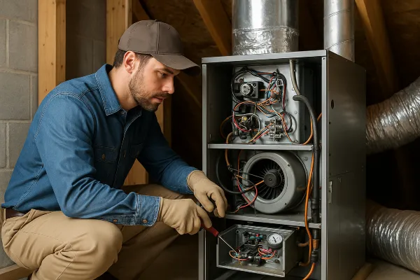 an hvac technician with a screwdriver checking the wiring of a furnace from Dallas Air Conditioning in Dallas, TX - Heating system repair dallas