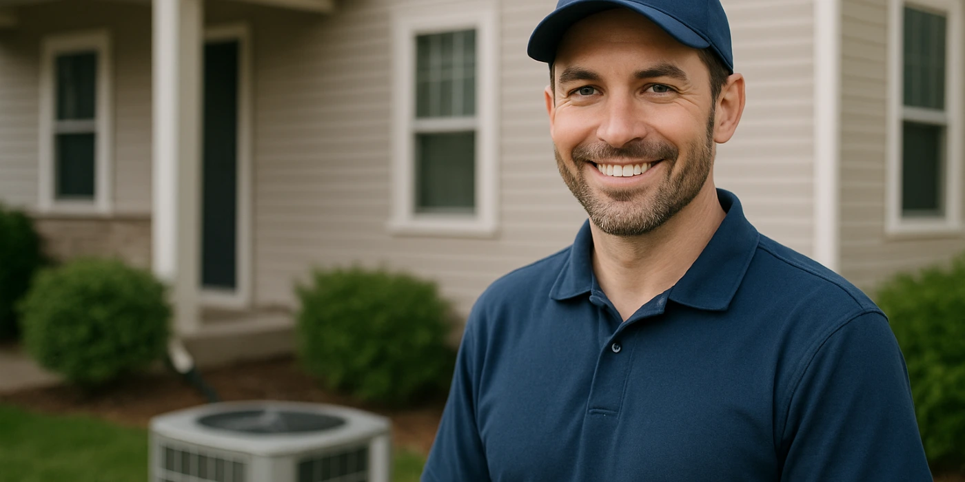 an hvac technician on the front porch smiling at the camera and an AC unit next to him from Dallas Air Conditioning in Dallas, TX - hvac companies dallas