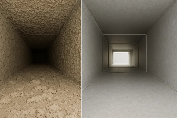 a dirty AC duct on the inside next to a clean AC duct on the inside from Dallas Air Conditioning in Dallas, TX - hvac companies dallas