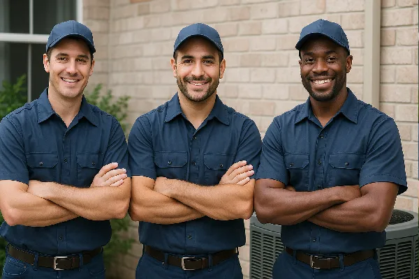 3 hvac technician ouside a house smiling at the camera from Dallas Air Conditioning in Dallas, TX - hvac companies dallas