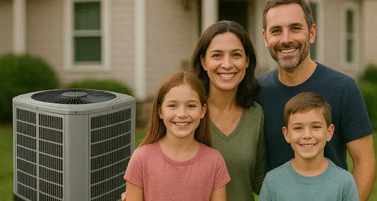 a family outside the house smiling at the camera with a new AC unit next to them from Dallas Air Conditioning in Dallas, TX - hvac repair emergency