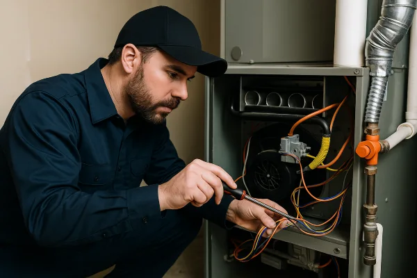 a male hvac technician checking a furnace wiring from Dallas Air Conditioning in Dallas, TX - hvac repair emergency