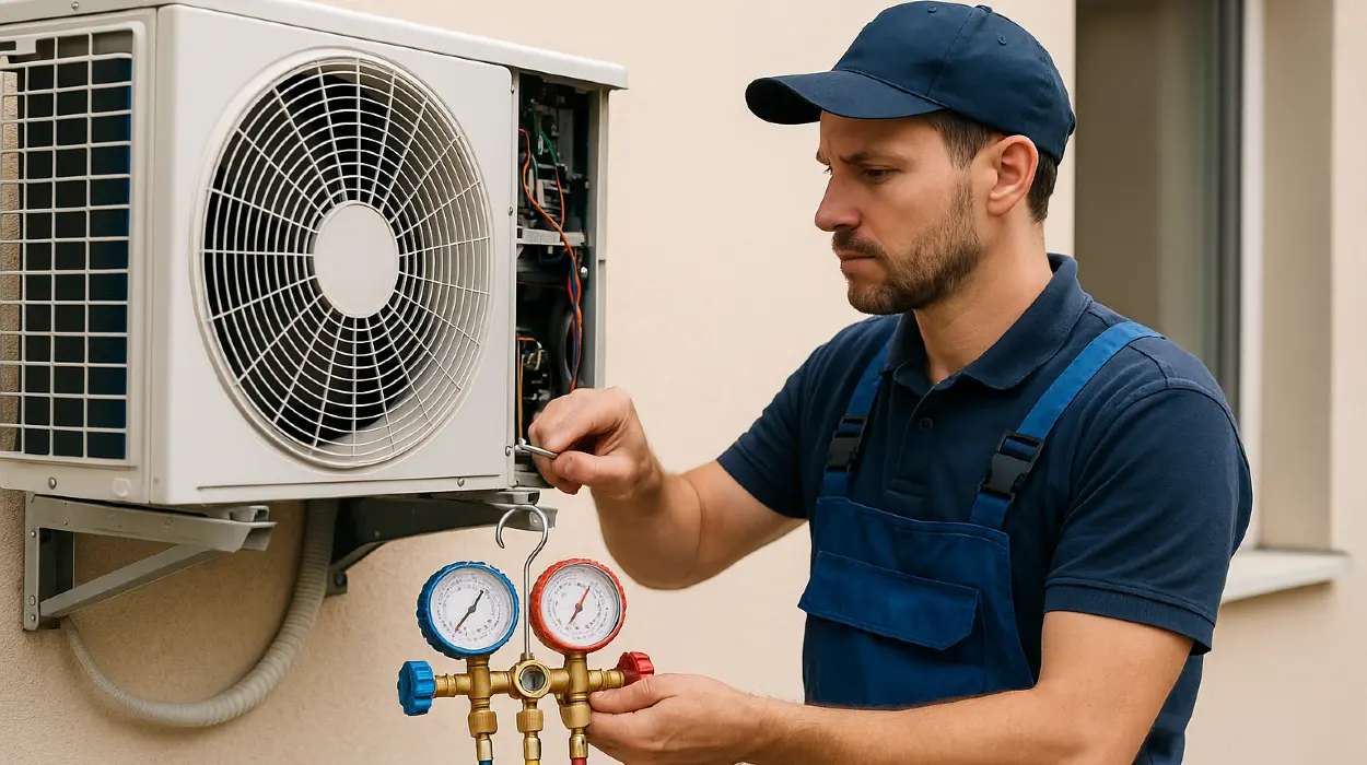 a male hvac technician checking an ac unit from Dallas Air Conditioning in Dallas, TX - Hvac Technician near me
