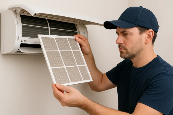 a male hvac technician replacing an ac filter from Dallas Air Conditioning in Dallas, TX - Hvac Technician near me a male hvac technician replacing an ac filter from Dallas Air Conditioning in Dallas, TX - Hvac Technician near me