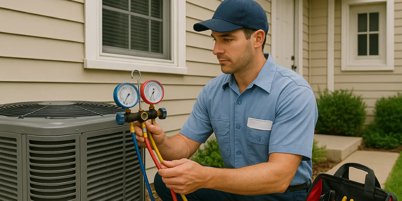 an hvac technician in uniform using the manifold gauge to test an ac unit from Dallas Air Conditioning in Irving, TX - Irving TX