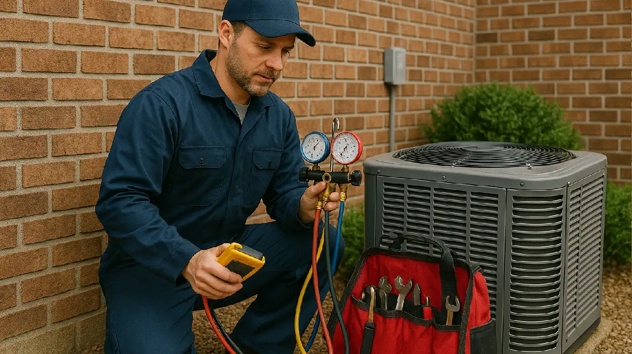 an hvac technician with his tools checking an outside ac unite from Dallas Air Conditioning in Plano, TX - Plano TX