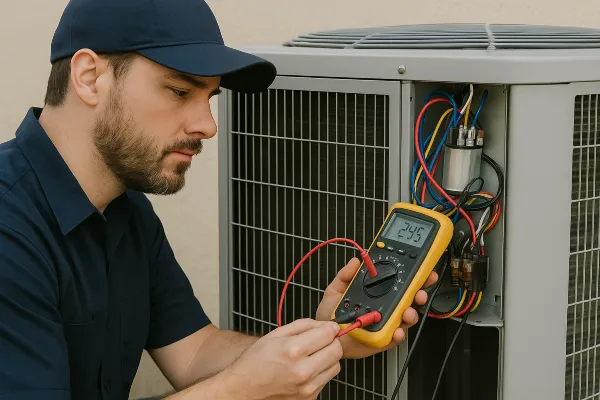 an hvac technician using a ac current meter from Dallas Air Conditioning in Plano, TX - Plano TX