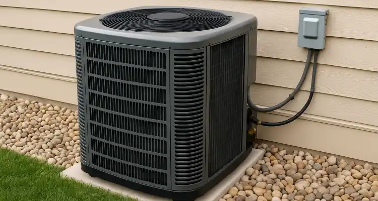 a brand new AC unit outside on a concrete slab from Dallas Air Conditioning in Richardson, TX - Richardson TX